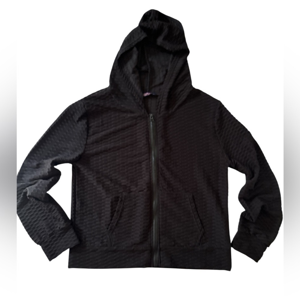 Women's Black Textured/waffled Jacket AQ Sports 2X lightweight, hood & pockets. - Picture 2 of 10